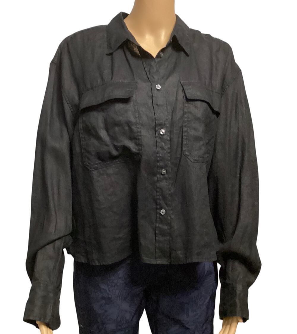 GAP Black 100% Linen Cropped Button Down Shirt Utility Flap Pocket Long Sleeve L
